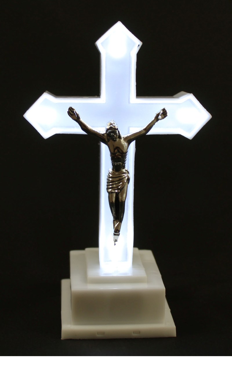 LED náhrobný kahanček KRÍŽ s telom Krista ZE4 - biely